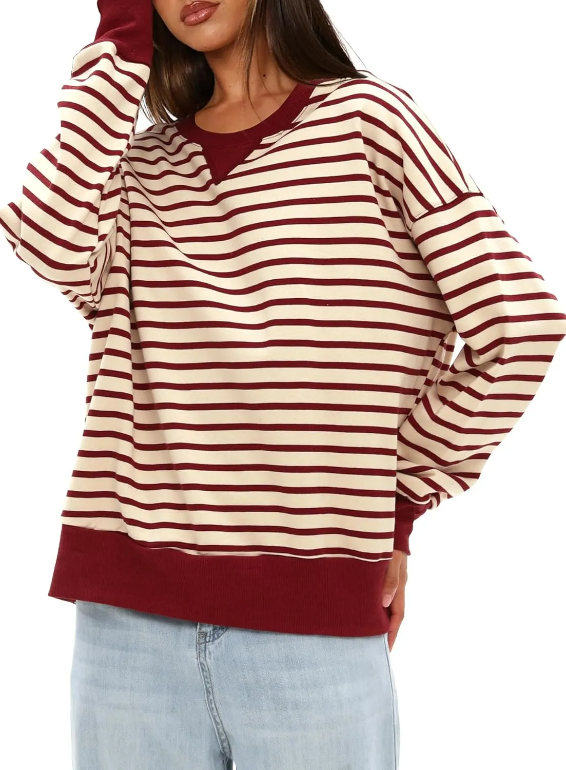 Darong Women Oversized Striped Color Block Long Sleeve Crew Neck Sweatshirt Casual Cotton Pullover Sweatshirts Fall Cloth