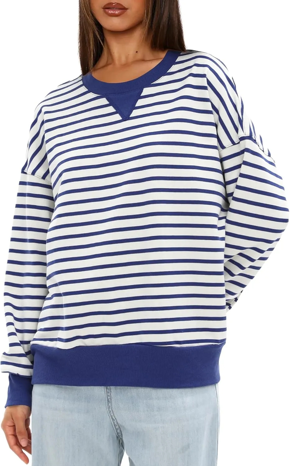 Darong Women Oversized Striped Color Block Long Sleeve Crew Neck Sweatshirt Casual Cotton Pullover Sweatshirts Fall Cloth