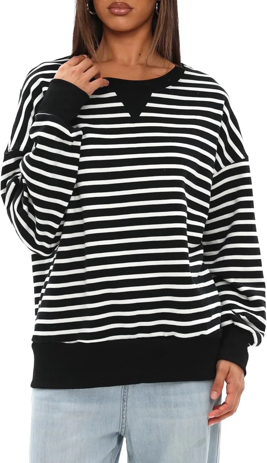 Darong Women Oversized Striped Color Block Long Sleeve Crew Neck Sweatshirt Casual Cotton Pullover Sweatshirts Fall Cloth
