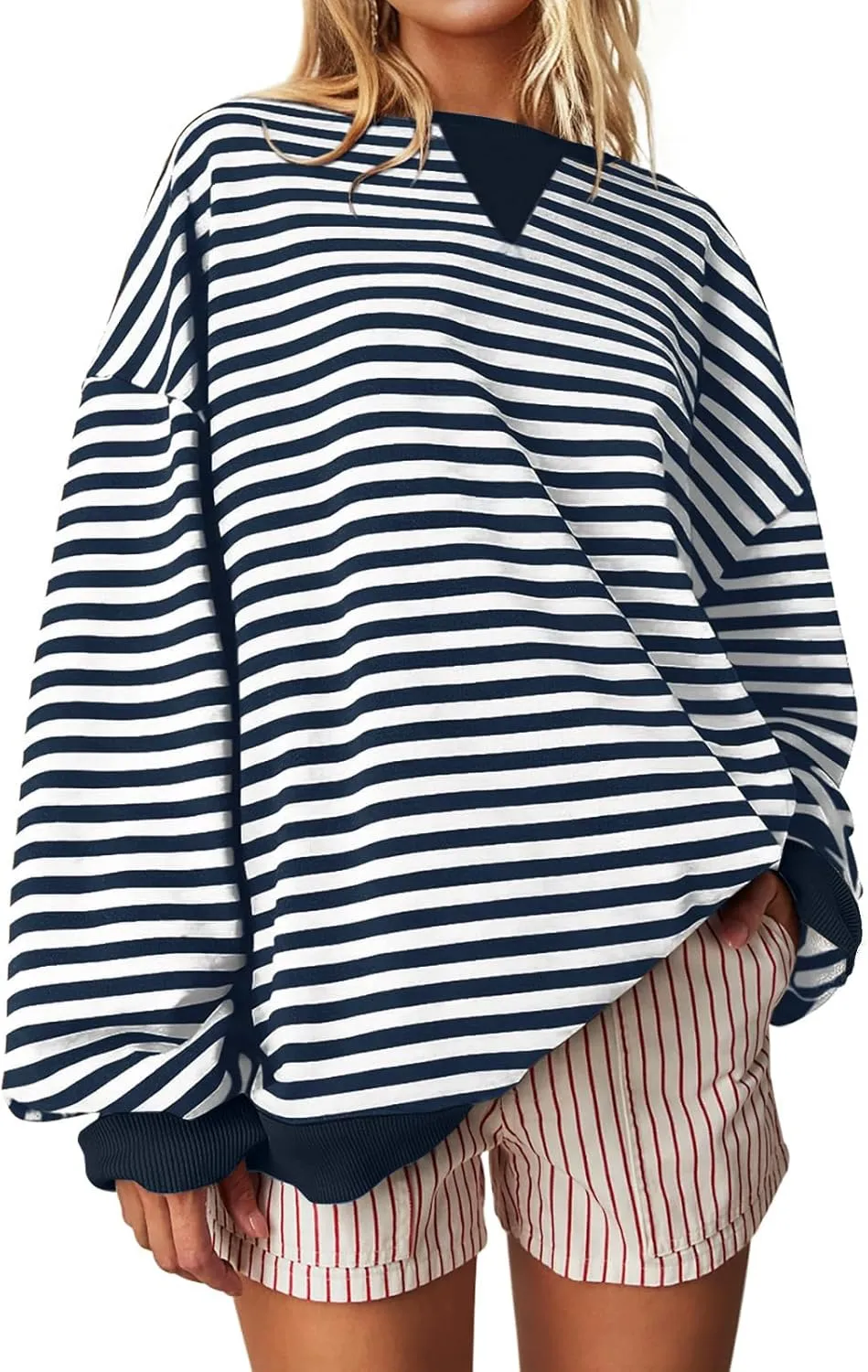Darong Women Oversized Striped Color Block Long Sleeve Crew Neck Sweatshirt Casual Cotton Pullover Sweatshirts Fall Cloth