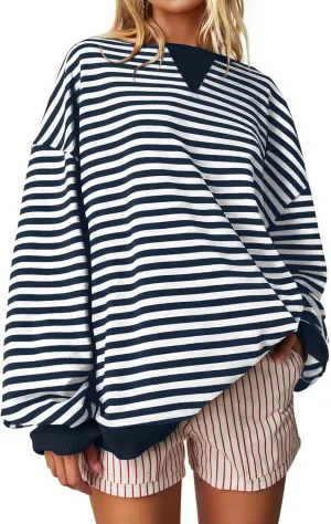 Darong Women Oversized Striped Color Block Long Sleeve Crew Neck Sweatshirt Casual Cotton Pullover Sweatshirts Fall Cloth