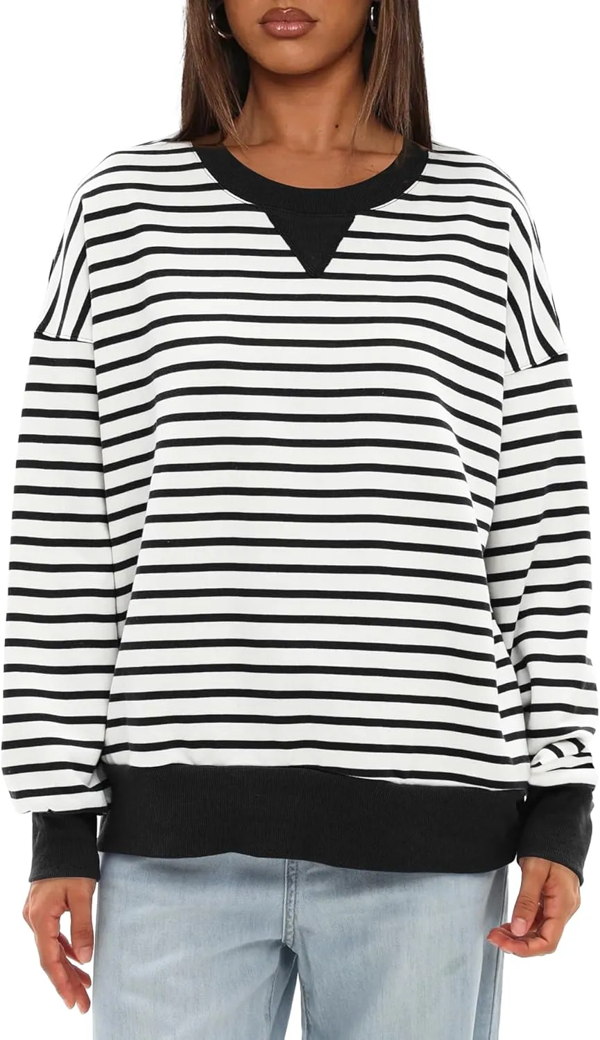 Darong Women Oversized Striped Color Block Long Sleeve Crew Neck Sweatshirt Casual Cotton Pullover Sweatshirts Fall Cloth