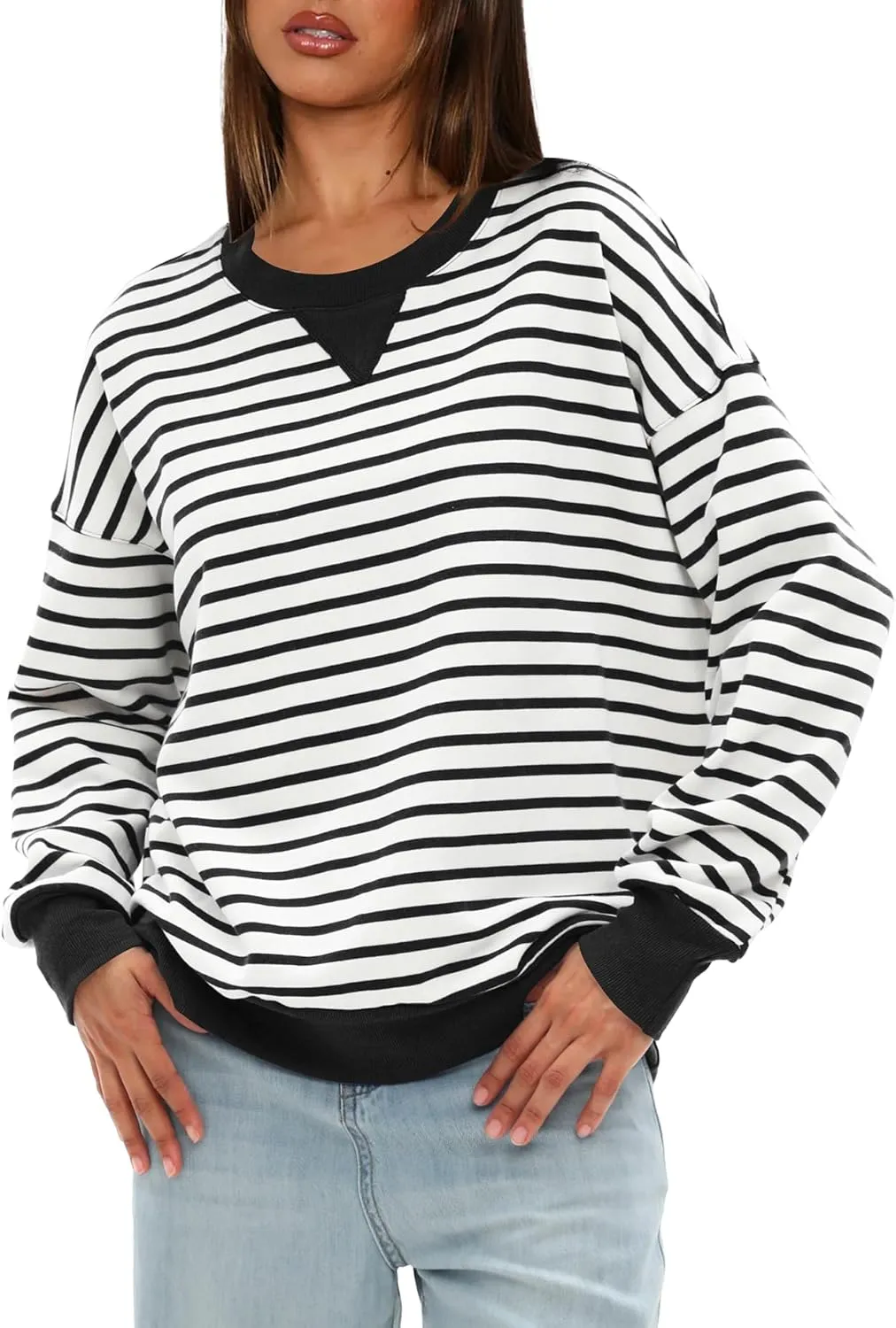 Darong Women Oversized Striped Color Block Long Sleeve Crew Neck Sweatshirt Casual Cotton Pullover Sweatshirts Fall Cloth