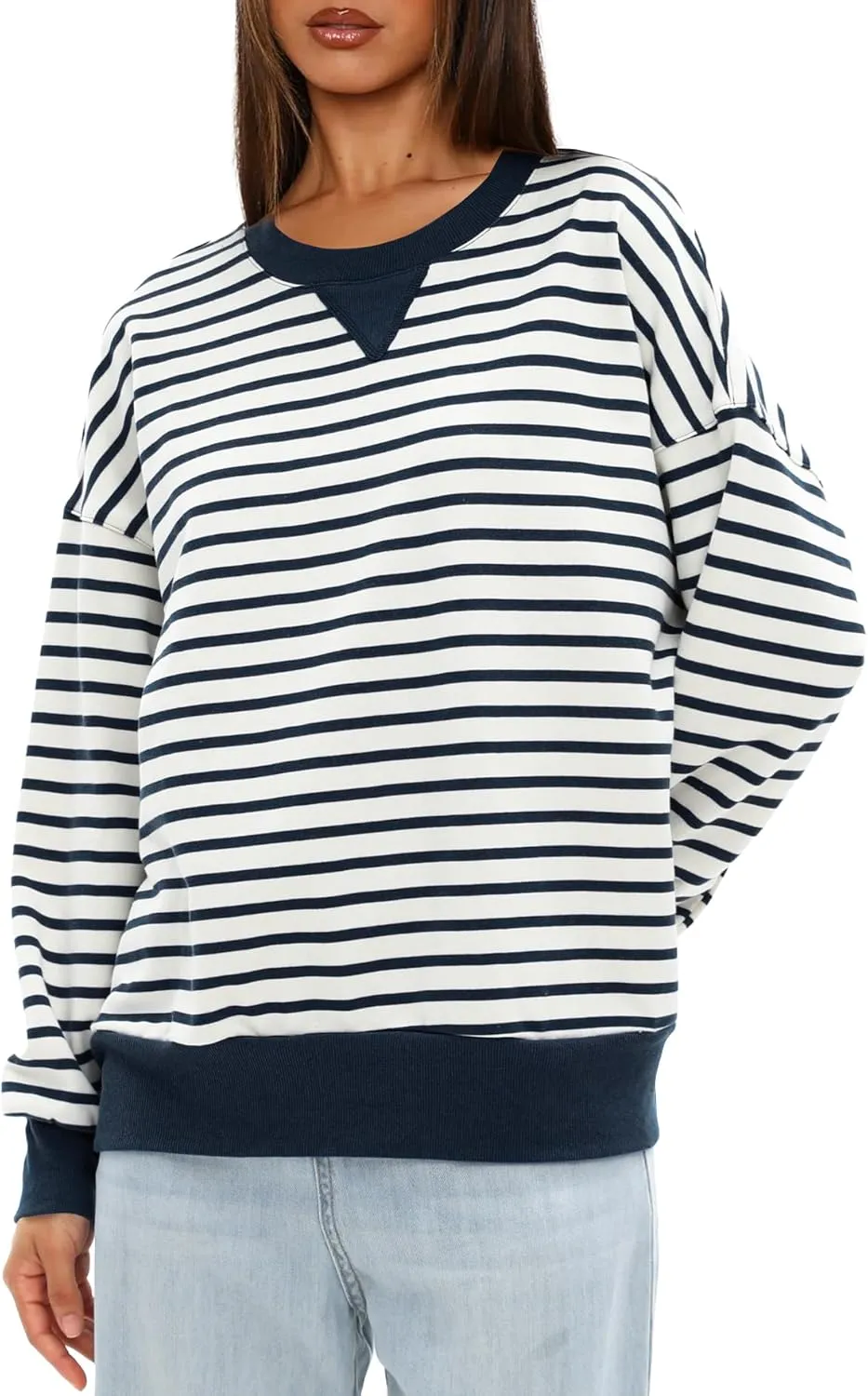 Darong Women Oversized Striped Color Block Long Sleeve Crew Neck Sweatshirt Casual Cotton Pullover Sweatshirts Fall Cloth