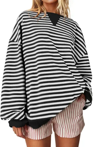 Darong Women Oversized Striped Color Block Long Sleeve Crew Neck Sweatshirt Casual Cotton Pullover Sweatshirts Fall Cloth