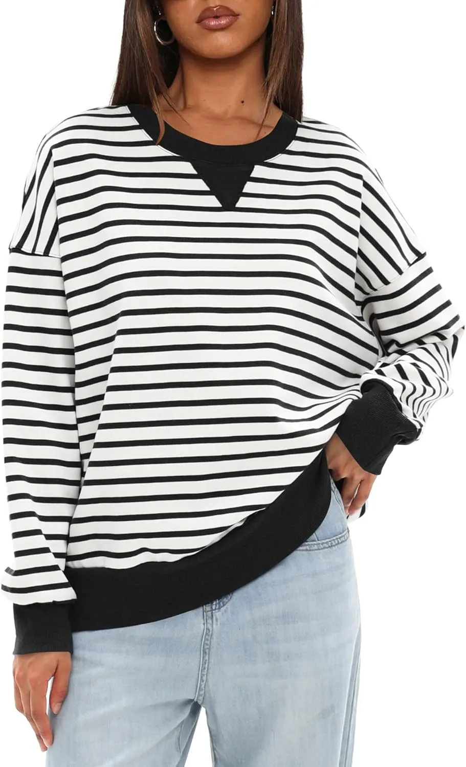 Darong Women Oversized Striped Color Block Long Sleeve Crew Neck Sweatshirt Casual Cotton Pullover Sweatshirts Fall Cloth