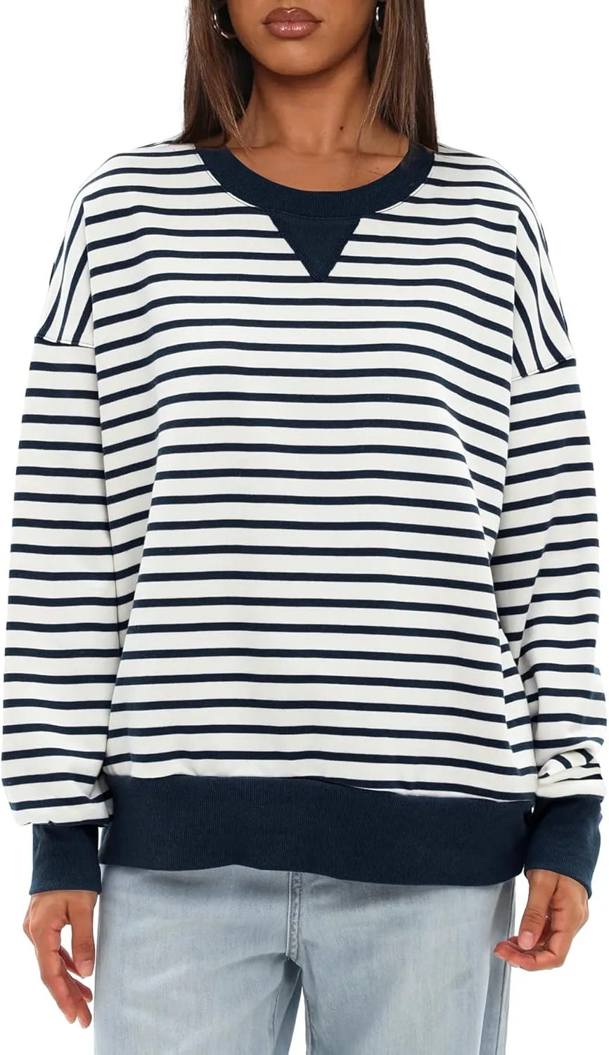 Darong Women Oversized Striped Color Block Long Sleeve Crew Neck Sweatshirt Casual Cotton Pullover Sweatshirts Fall Cloth