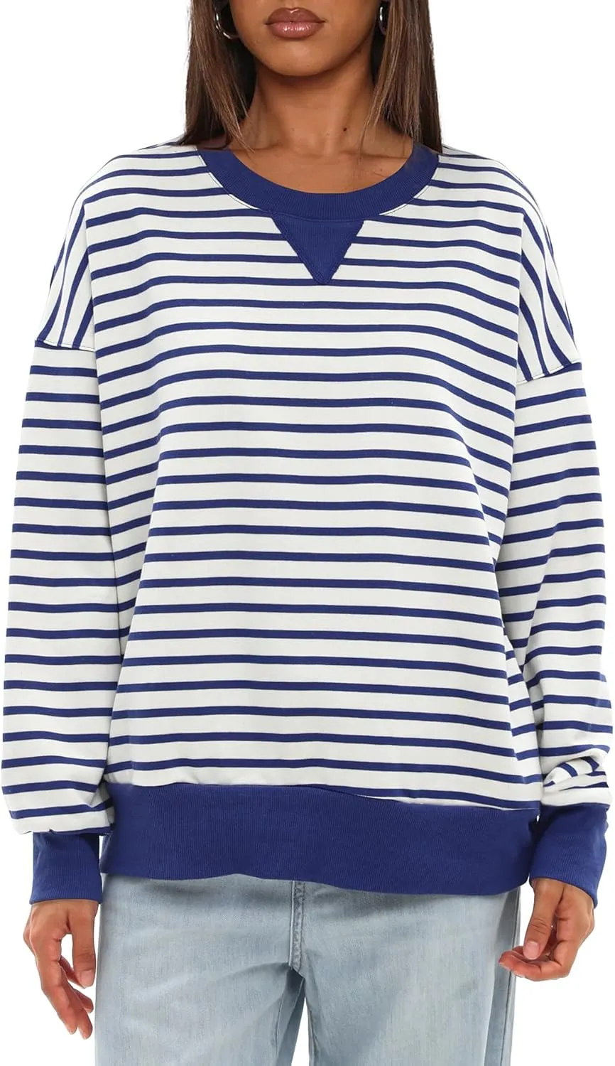 Darong Women Oversized Striped Color Block Long Sleeve Crew Neck Sweatshirt Casual Cotton Pullover Sweatshirts Fall Cloth