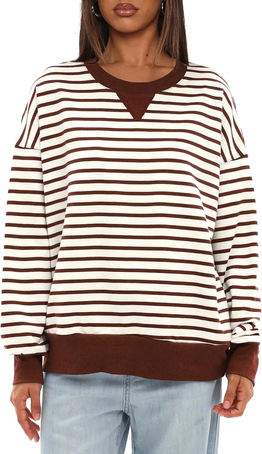 Darong Women Oversized Striped Color Block Long Sleeve Crew Neck Sweatshirt Casual Cotton Pullover Sweatshirts Fall Cloth