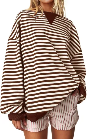 Darong Women Oversized Striped Color Block Long Sleeve Crew Neck Sweatshirt Casual Cotton Pullover Sweatshirts Fall Cloth