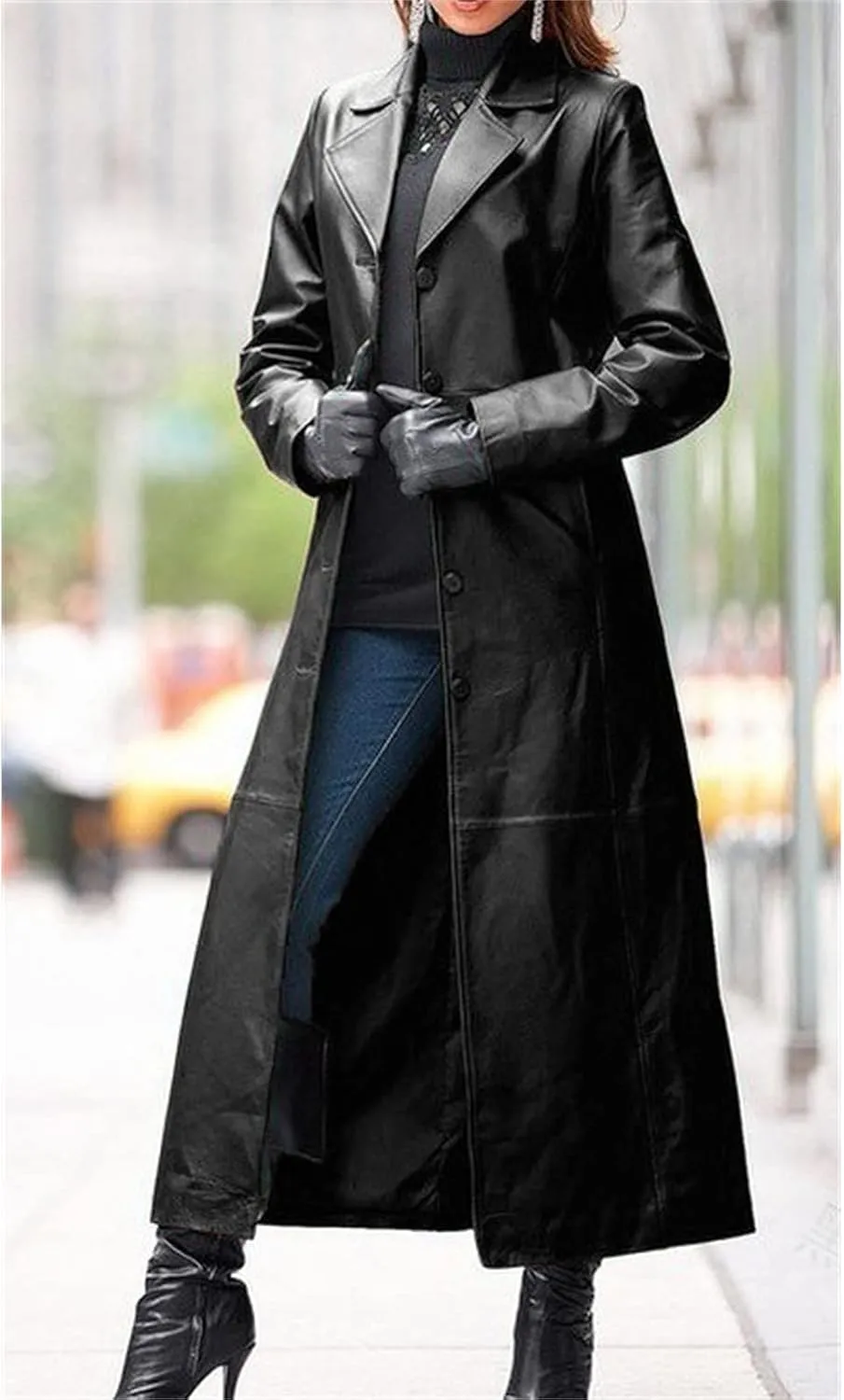 DGHM-JLMY Women Casual Lapel Long Suit Trench Coat Outerwear Slim Slim Leather Windbreaker Faux Leather Long Jacket