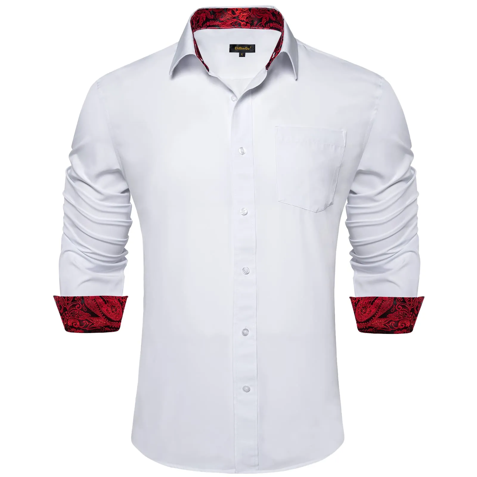 DiBanGu White Solid Splicing Dark Red Paisley Silk Mens Long Sleeve Shirt