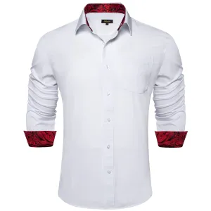DiBanGu White Solid Splicing Dark Red Paisley Silk Mens Long Sleeve Shirt