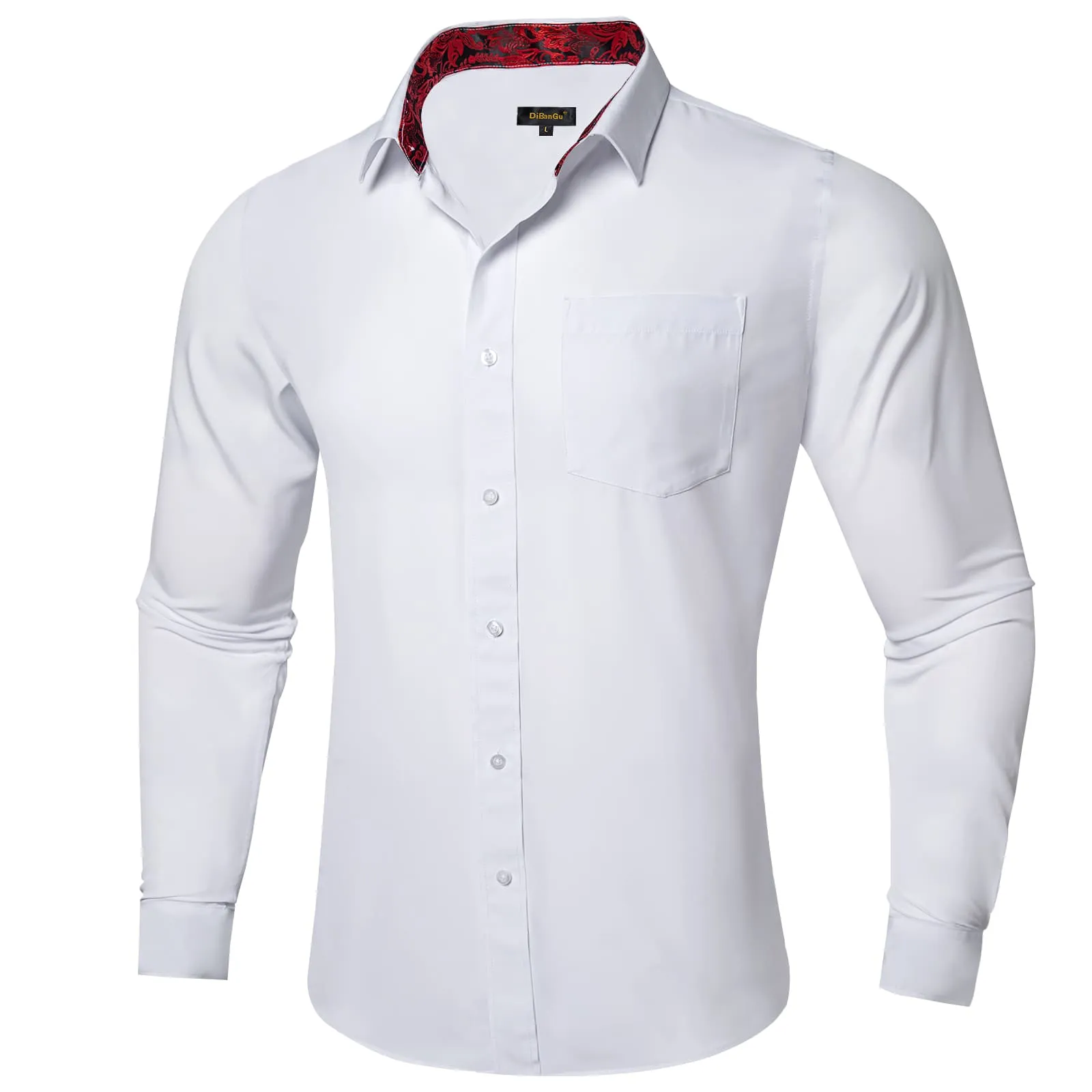 DiBanGu White Solid Splicing Dark Red Paisley Silk Mens Long Sleeve Shirt