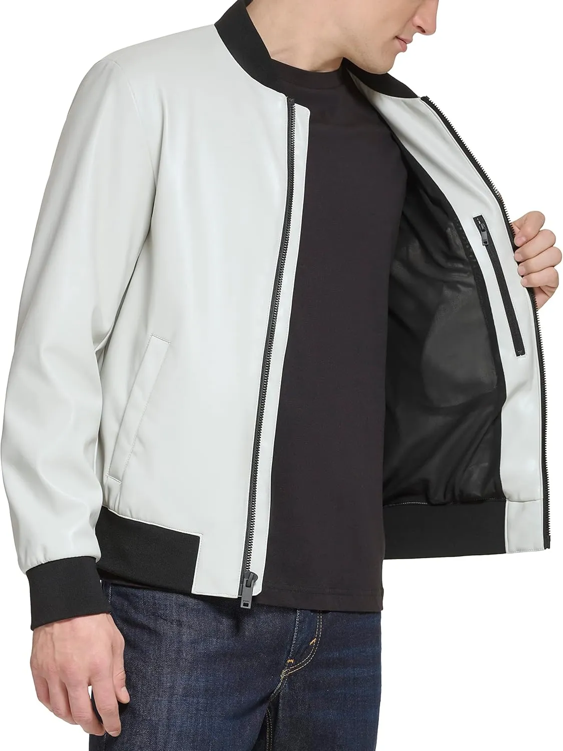 DKNY Men's Faux Leather Varsity Bomber Jacket