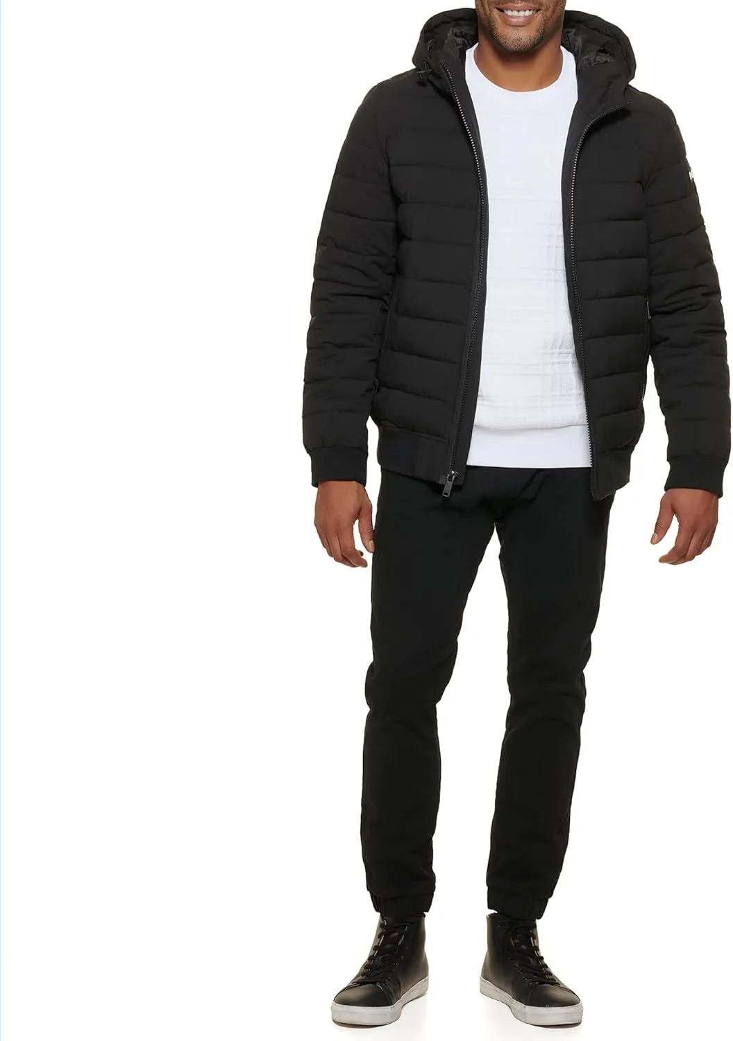 DKNY Men's Quilted Performance Hooded Bomber Jacket