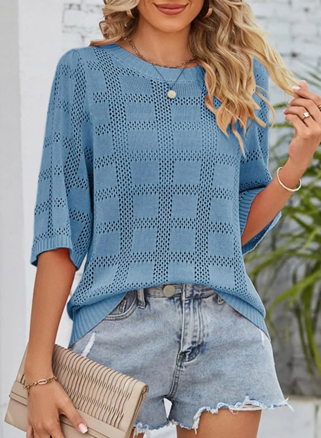 Dokotoo Women's Casual Short Sleeve Loose Tunic Tops Lightweight Crochet Knit Summer Sweaters Blouses