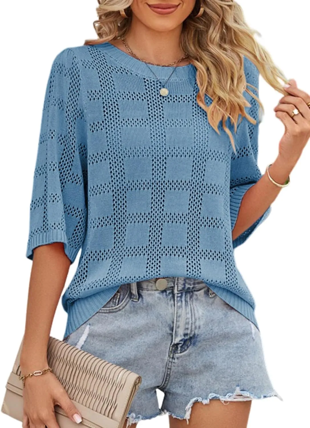 Dokotoo Women's Casual Short Sleeve Loose Tunic Tops Lightweight Crochet Knit Summer Sweaters Blouses