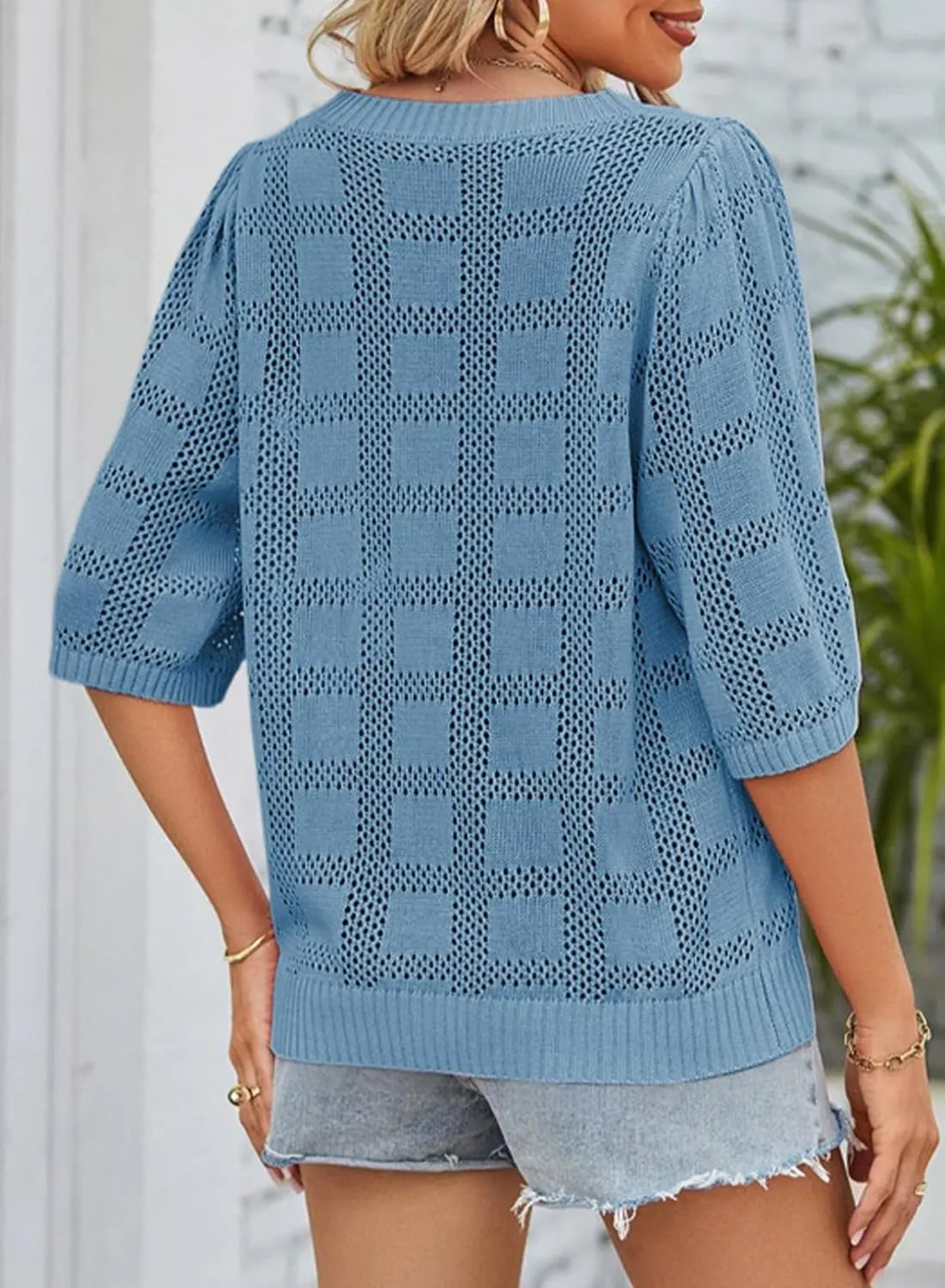 Dokotoo Women's Casual Short Sleeve Loose Tunic Tops Lightweight Crochet Knit Summer Sweaters Blouses