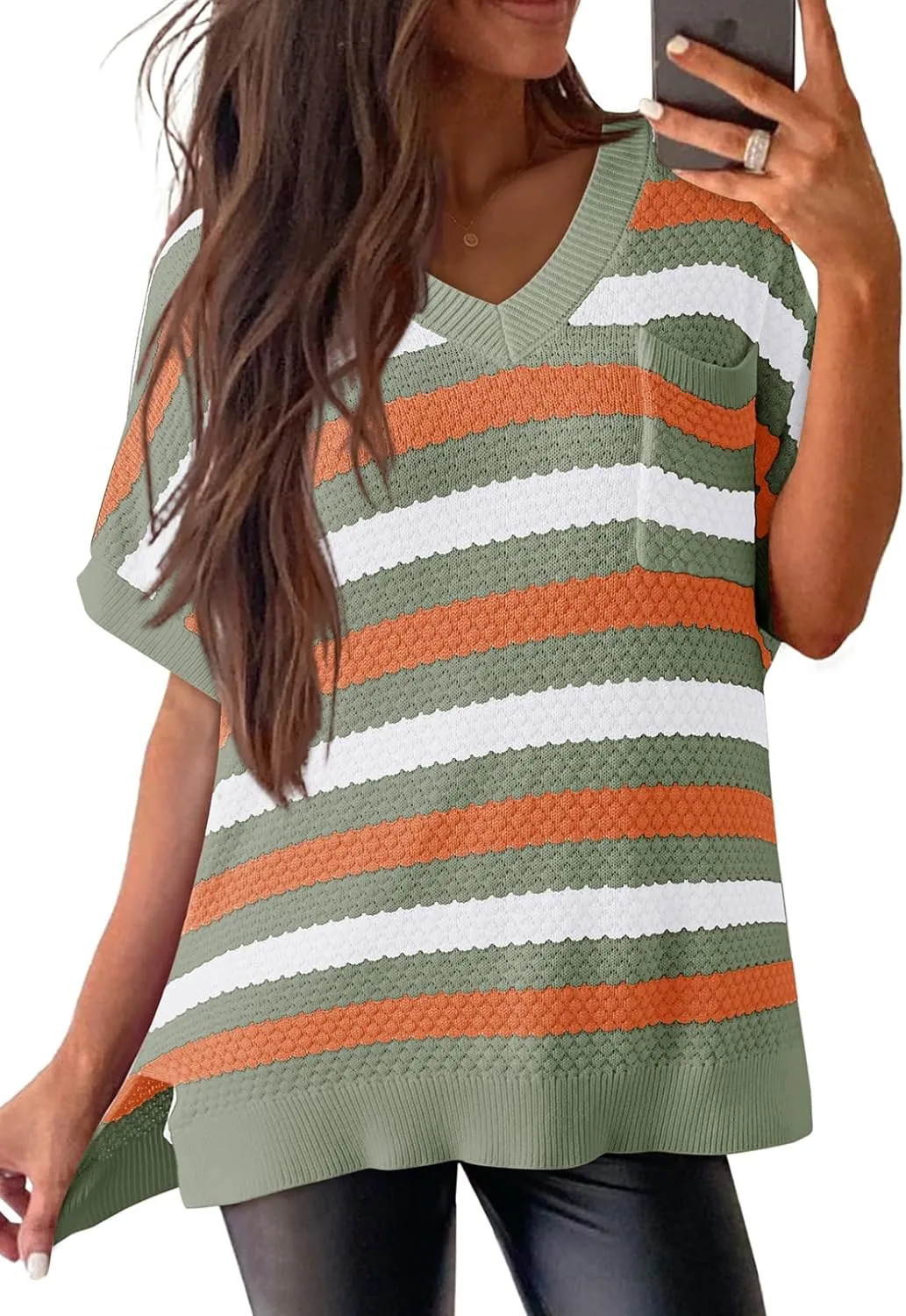 Dokotoo Women's Casual Short Sleeve Loose Tunic Tops Lightweight Striped Summer Sweaters Blouses Shirts