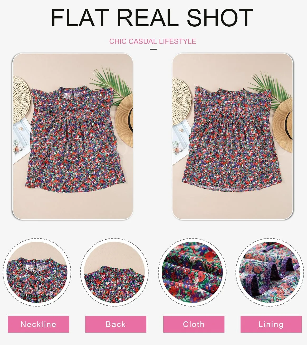 Dokotoo Womens Summer Tops Casual Crewneck Floral Print Shirts Smocked Ruffle Short Sleeve Babydoll Blouses