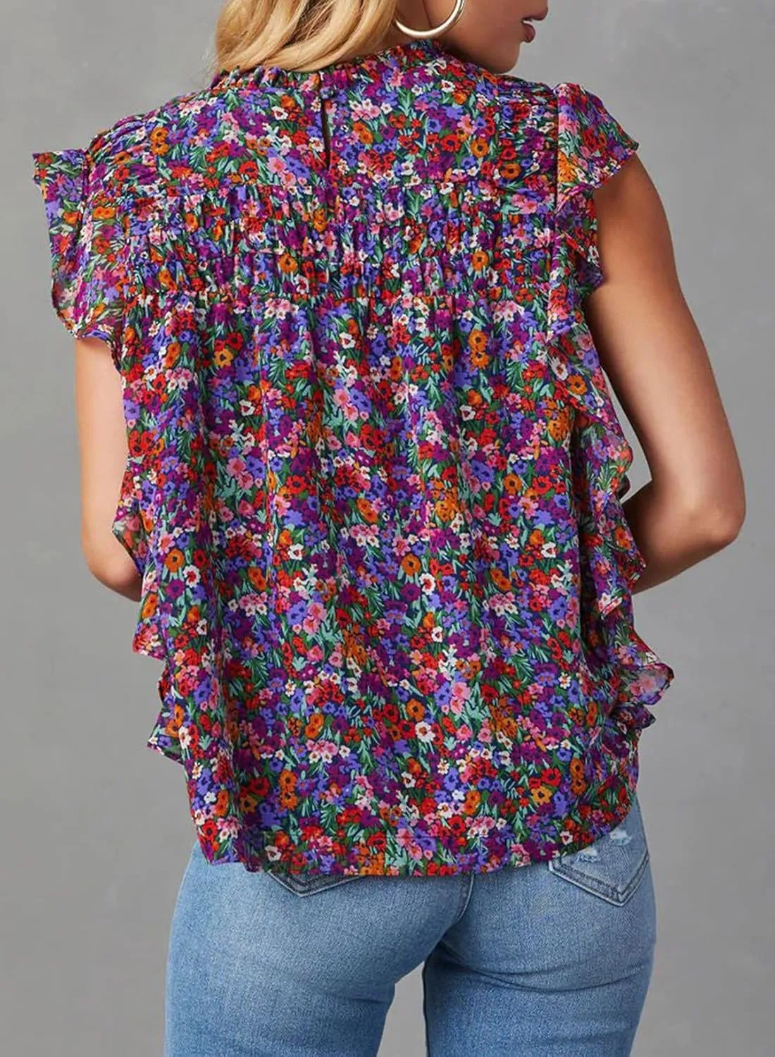 Dokotoo Womens Summer Tops Casual Crewneck Floral Print Shirts Smocked Ruffle Short Sleeve Babydoll Blouses