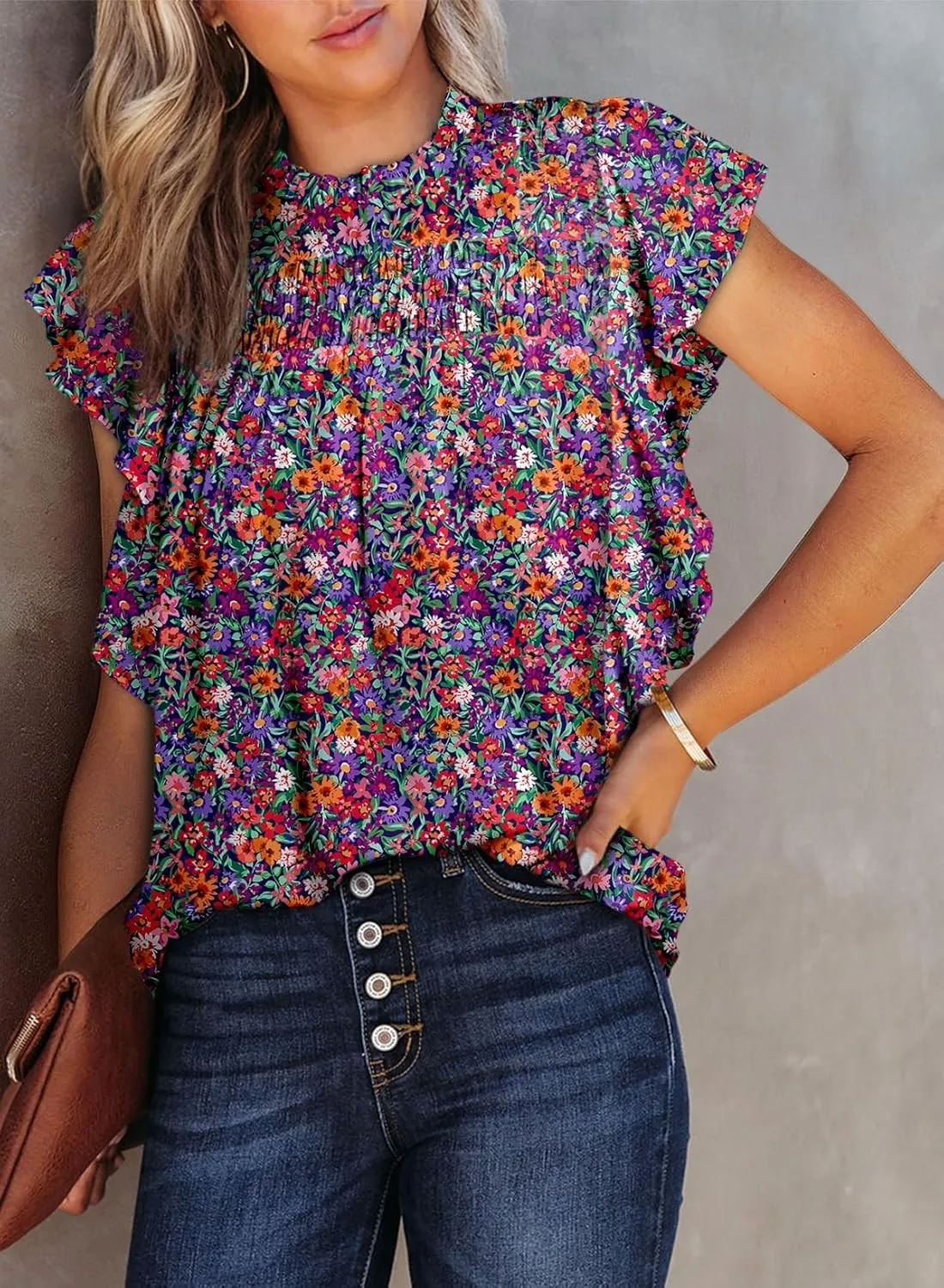 Dokotoo Womens Summer Tops Casual Crewneck Floral Print Shirts Smocked Ruffle Short Sleeve Babydoll Blouses