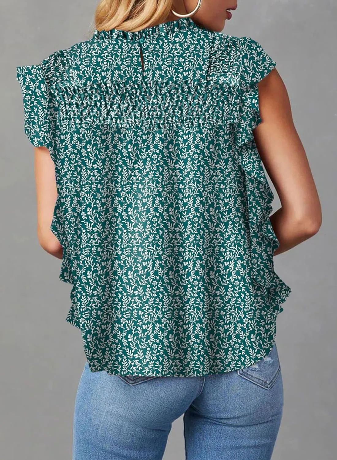 Dokotoo Womens Summer Tops Casual Crewneck Floral Print Shirts Smocked Ruffle Short Sleeve Babydoll Blouses