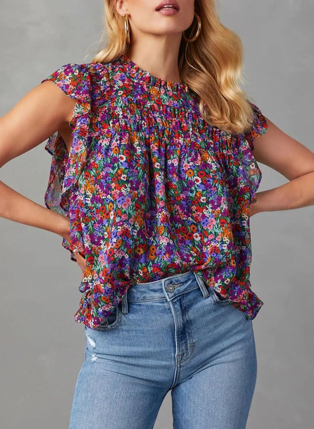 Dokotoo Womens Summer Tops Casual Crewneck Floral Print Shirts Smocked Ruffle Short Sleeve Babydoll Blouses