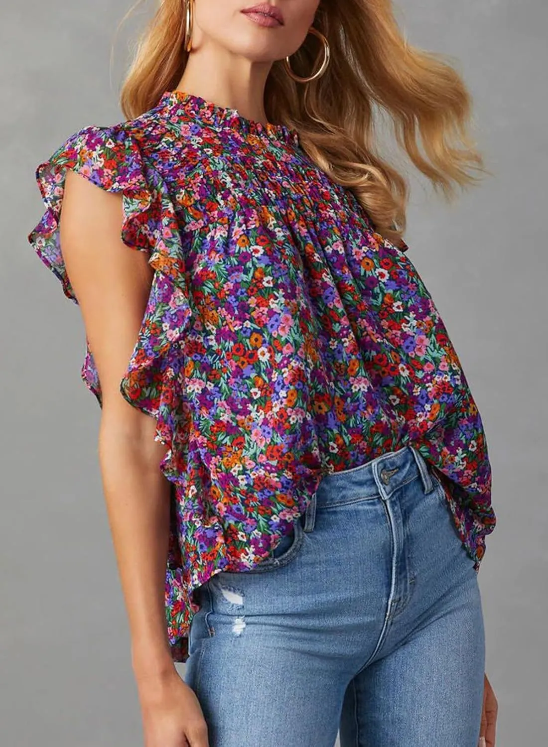 Dokotoo Womens Summer Tops Casual Crewneck Floral Print Shirts Smocked Ruffle Short Sleeve Babydoll Blouses