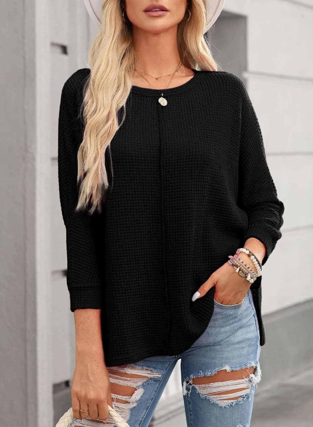 Dokotoo Womens Waffle Knit Tops Spring Fashion 2025 Long Sleeve Casual Blouses Crewneck Oversized T Shirts