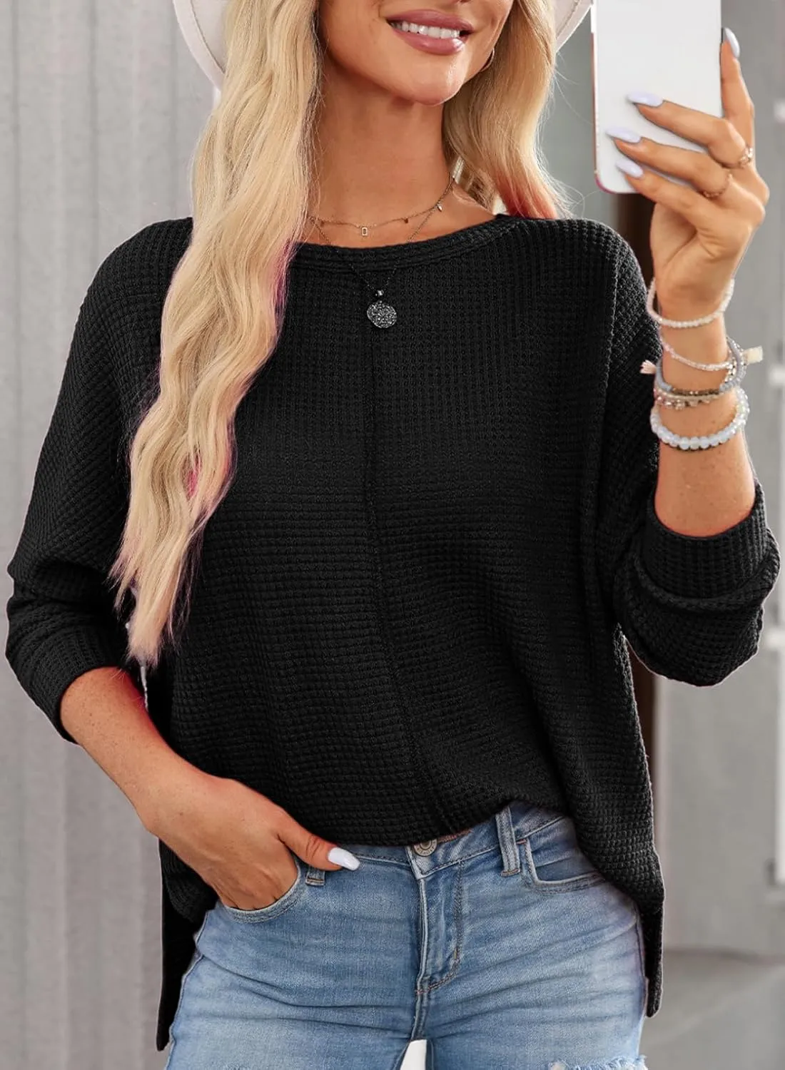 Dokotoo Womens Waffle Knit Tops Spring Fashion 2025 Long Sleeve Casual Blouses Crewneck Oversized T Shirts
