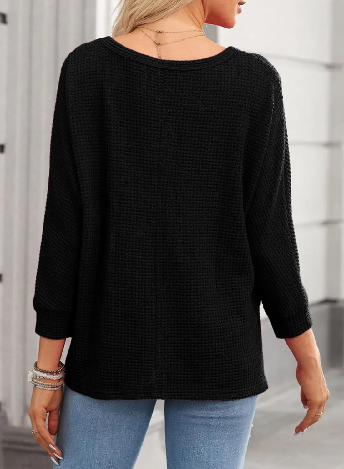 Dokotoo Womens Waffle Knit Tops Spring Fashion 2025 Long Sleeve Casual Blouses Crewneck Oversized T Shirts