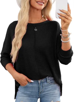 Dokotoo Womens Waffle Knit Tops Spring Fashion 2025 Long Sleeve Casual Blouses Crewneck Oversized T Shirts