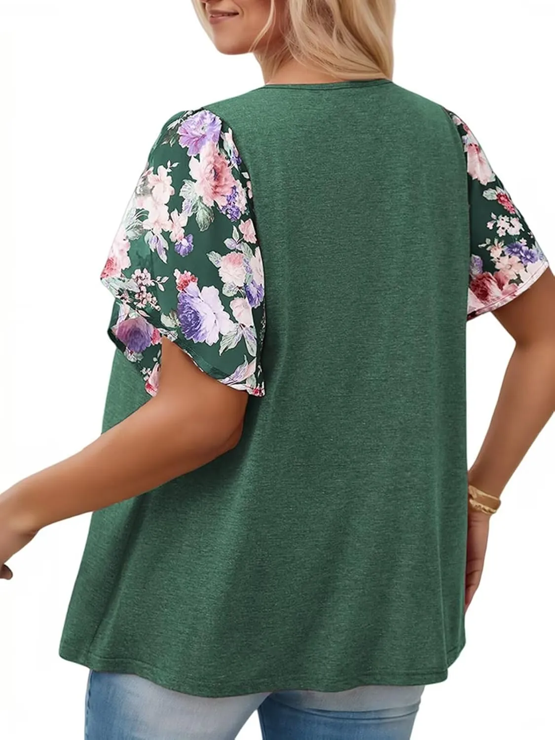 DOLNINE Women's Plus Size Tops Casual Summer Boho Floral Tunics Ruffle Sleeve Crewneck Loose Blouses Shirts