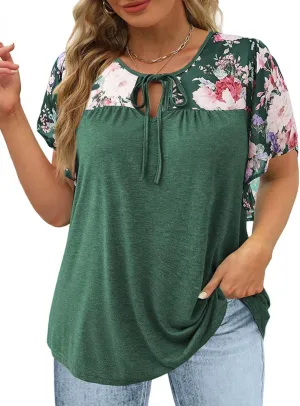 DOLNINE Women's Plus Size Tops Casual Summer Boho Floral Tunics Ruffle Sleeve Crewneck Loose Blouses Shirts