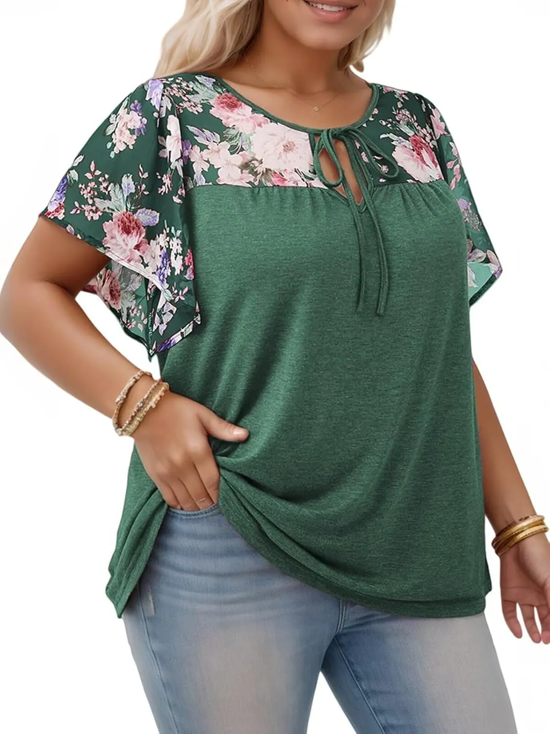 DOLNINE Women's Plus Size Tops Casual Summer Boho Floral Tunics Ruffle Sleeve Crewneck Loose Blouses Shirts