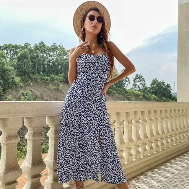 DressBetty - Summer Fashion Bohemian Sleeveless Dress for Women Vintage Sexy Floral Silk Maxi Robe Casual Wedding Guest Long Dresses