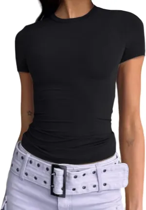 Dwnval Women Sexy Basic T Shirts Tops Summer Short Sleeve Crewneck Slim Fit Cute Crop Top Blouses
