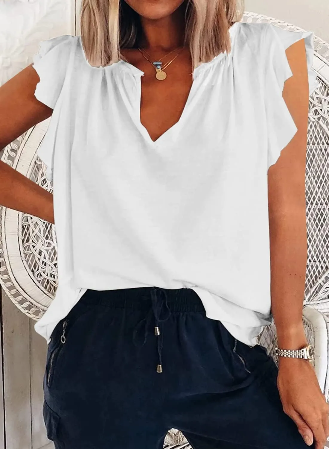 Ebifin Womens Plus Size Tank Tops V Neck Ruffle Sleeve Summer Casual Loose Blouses Tee Shirts