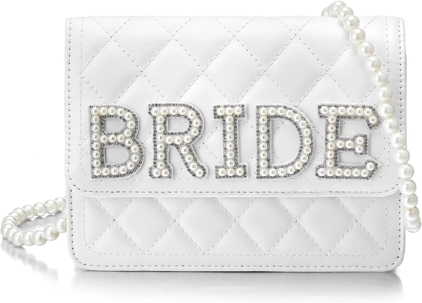 Eccliy Bride White Leather Bag with Pearl Chain Bride Clutch Purses for Weddings Engagement Bridal Shower Party, Glitter Pearl Handbag