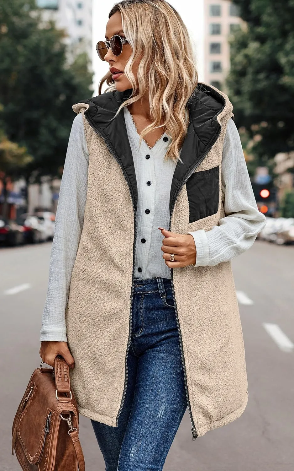 ECOWISH Women Long Puffer Vest: Fall Zip up Reversible Fleece Jacket 2024 Winter Warm Sleeveless Hooded Coat with Pockets