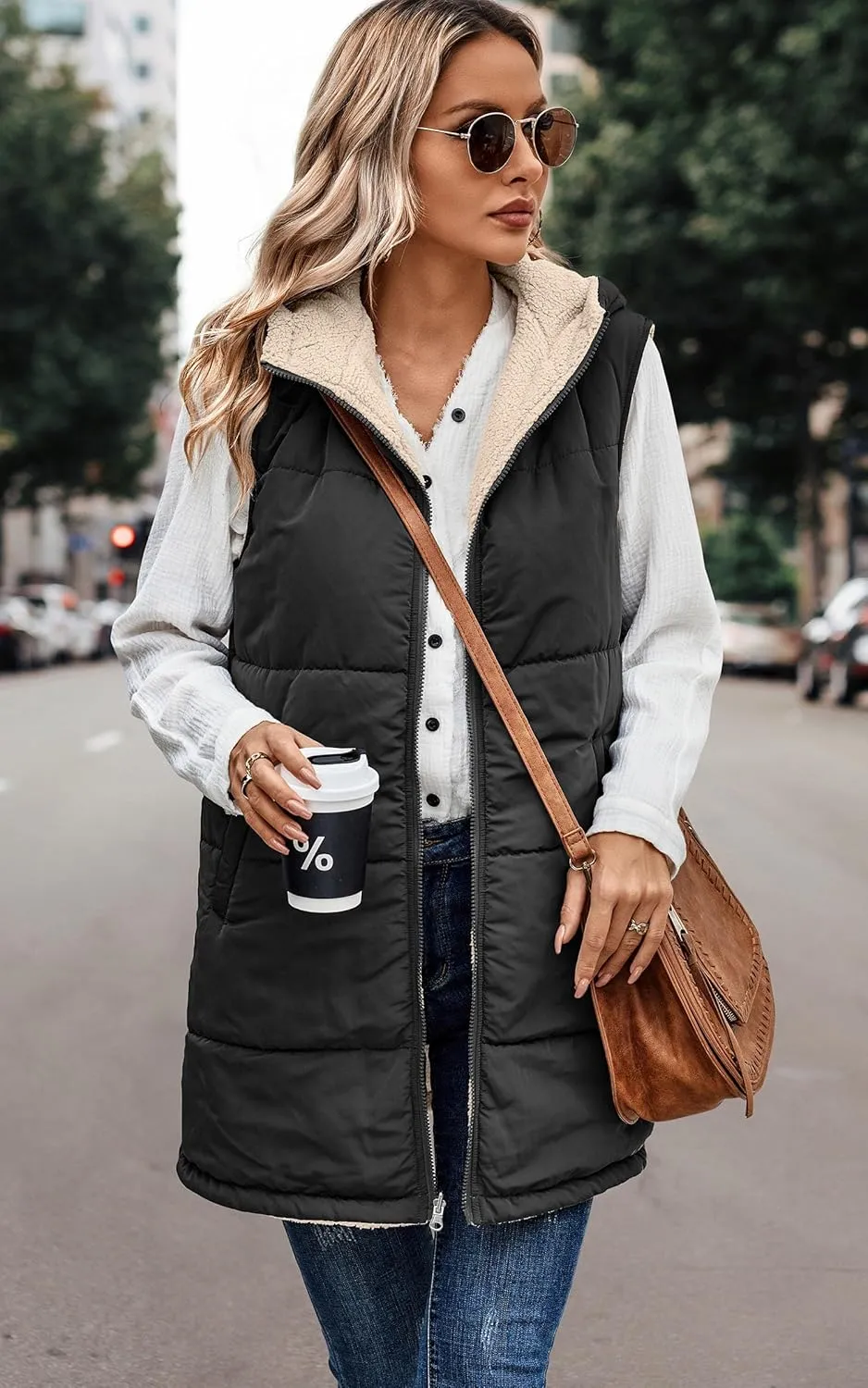 ECOWISH Women Long Puffer Vest: Fall Zip up Reversible Fleece Jacket 2024 Winter Warm Sleeveless Hooded Coat with Pockets
