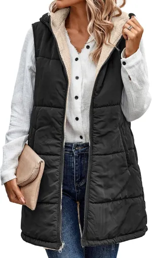 ECOWISH Women Long Puffer Vest: Fall Zip up Reversible Fleece Jacket 2024 Winter Warm Sleeveless Hooded Coat with Pockets