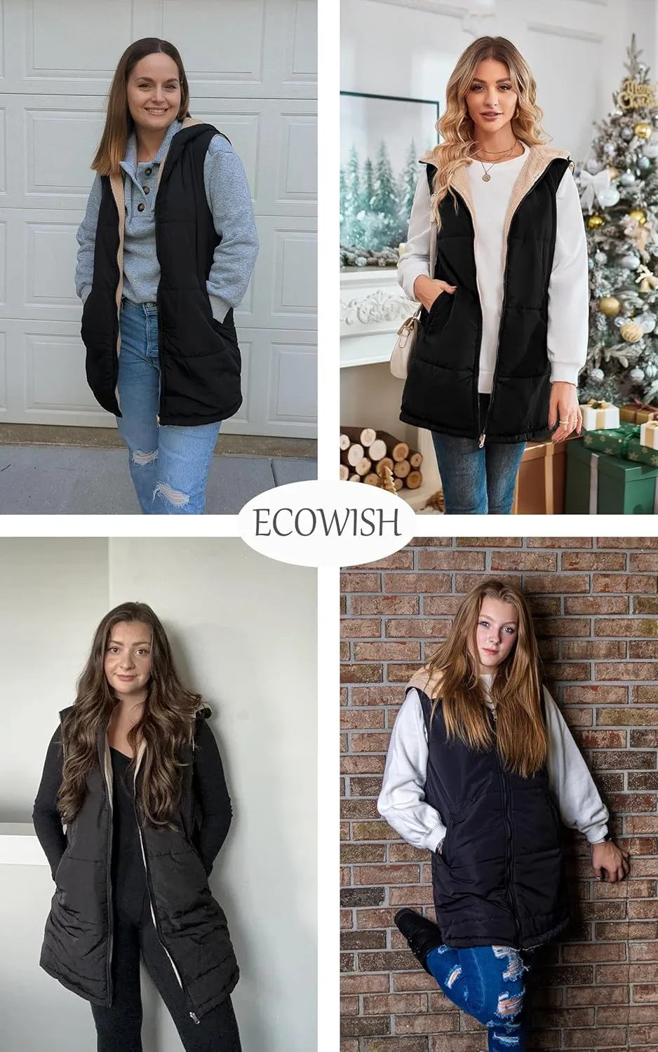 ECOWISH Women Long Puffer Vest: Fall Zip up Reversible Fleece Jacket 2024 Winter Warm Sleeveless Hooded Coat with Pockets