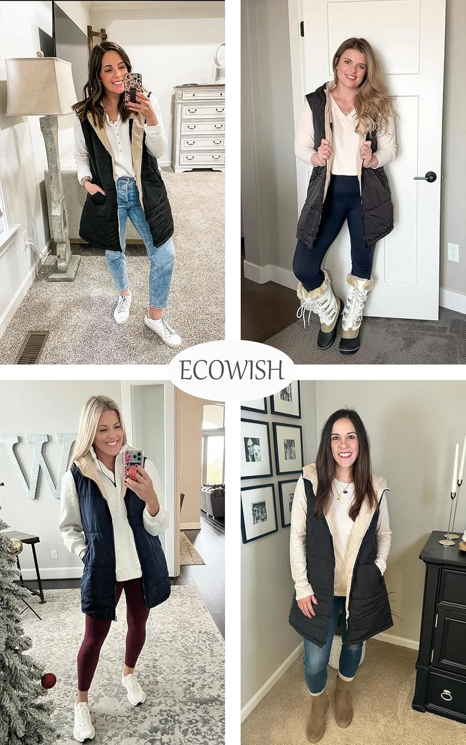 ECOWISH Women Long Puffer Vest: Fall Zip up Reversible Fleece Jacket 2024 Winter Warm Sleeveless Hooded Coat with Pockets