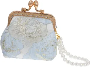 Elegant Floral Embroidered Evening Clutch with Faux Pearl Strap Vintage Style Coin Purse for Women Wallet Organizer for Weddings and Formal Events