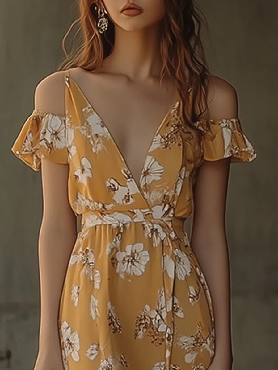 Elegant V-neck Floral Bohemian Holiday Dress