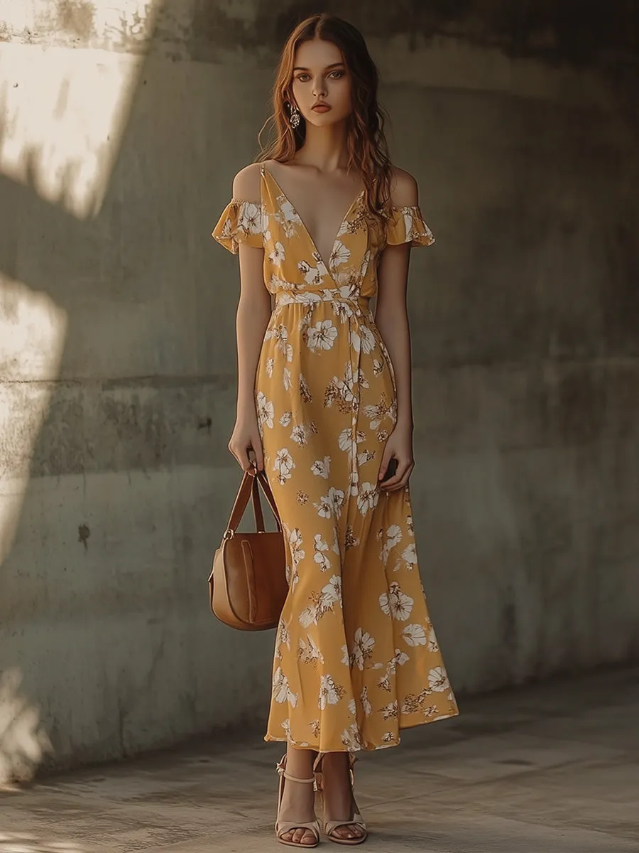 Elegant V-neck Floral Bohemian Holiday Dress