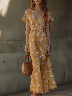 Elegant V-neck Floral Bohemian Holiday Dress